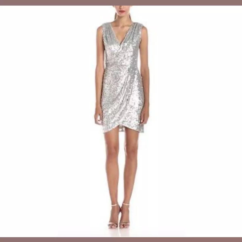 Adrianna Papell Silver Sequin Swoop Mini Dress NWT size 8